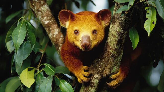 Goodfellow's Tree Kangaroo, dendrolagus goodfellowi buergersi, Adult closeup. portrait of very cute rare red animal. arboreal endemic of new guinea.