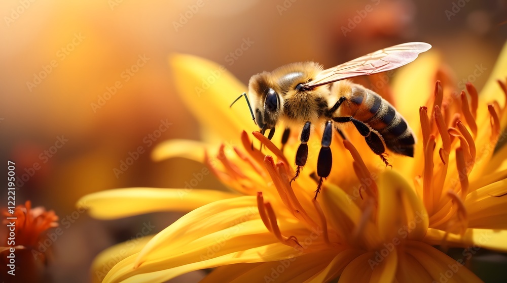 Poster closeup of a honeybee collecting nectar from a vibrant flower in nature macro shot of a pollinating 