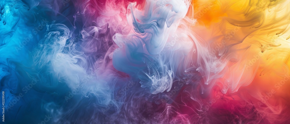 Poster vibrant acrylic paint colors flowing and blending in water, creating dynamic abstract patterns and a