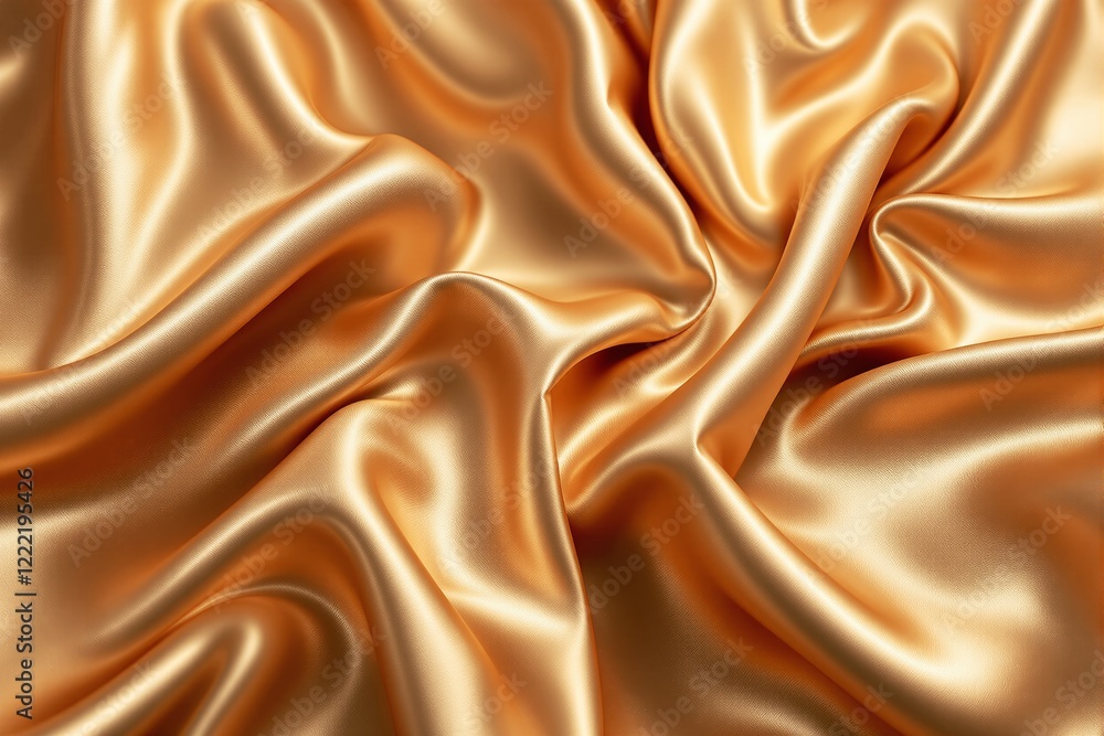 Poster luxurious golden satin fabric texture with soft folds and shiny surface.
