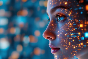 Close-up of a woman's face with digital data projections on glowing blue background.