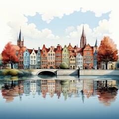 Fototapeta premium Modern Minimalistic Digital Art Depicting Brugge’s Canals and Buildings