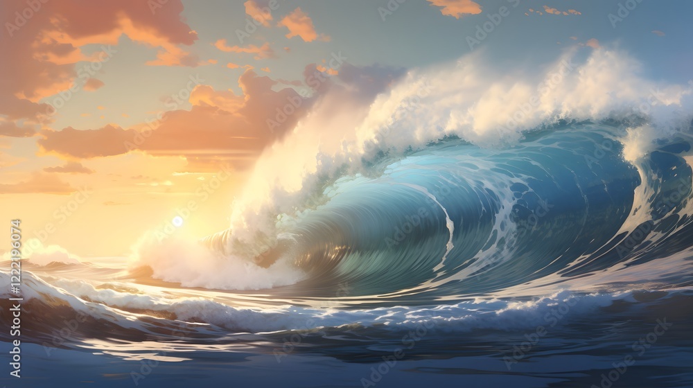 Poster captivating image of a serene ocean wave dramatically crashing against the tranquil shoreline creati