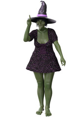 3D eerie Halloween witch with green skin dressed in a purple dress and hat. Ideal for Halloween-themed designs, posters, or digital artwork that aims to evoke a sense of mystery and magic.