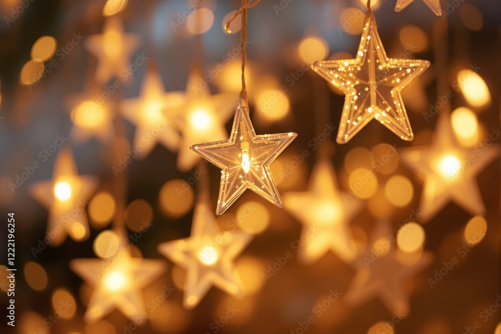 Poster Illuminated star-shaped lights on warm bokeh background.