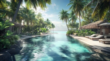 Fototapeta premium Best tranquility Maldives island, luxury swimming pool resort aerial view. Beautiful sunny pristine sea bay beach background. Summer vacation tourism. Paradise shore palm tree shadow exotic landscape