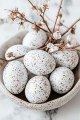 Fototapeta premium Easter eggs on the plate, nest over table background. pastel colors, flower, celebration. soft light, vertical wallpaper