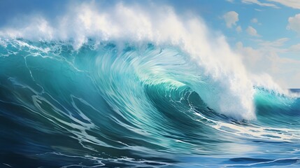Majestic ocean wave dramatically crashing against a tranquil sandy beach shoreline creating a stunning natural seascape with swirling spray and foam