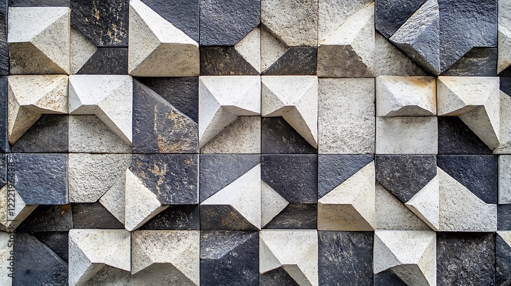 Poster close-up view of abstract stone wall with mixed grey white black geometric pattern design texture sh