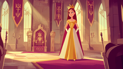 Kingdom banner with princess in medieval castle. Vector landing page with cartoon illustration of beautiful girl in gold crown and royal palace interior with king throne