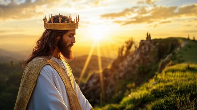 The Christ stands atop a hillside, draped in elegant robes, gazing into the horizon as a vibrant sunset bathes the landscape in warm hues. The scene evokes tranquility and reflection.