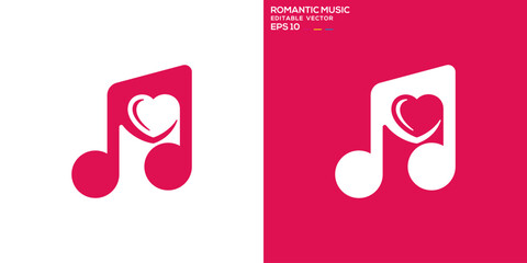 Music note and love logo. Care, instrument, heart, romantic. Vector icon symbol design template EPS 10.