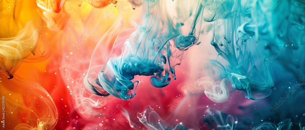Poster vibrant acrylic paint colors flowing and blending in water, creating dynamic abstract patterns and a