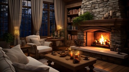 Fototapeta premium Cozy and Inviting Living Room with Fireplace and Comfortable Furnishings in a Warm Welcoming Home Interior Design