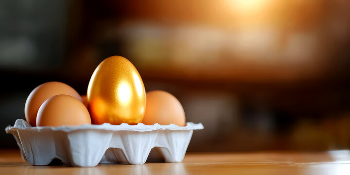 exclusive golden eggs concept. A golden egg among brown eggs in a carton on a wooden surface. - Powered by Adobe