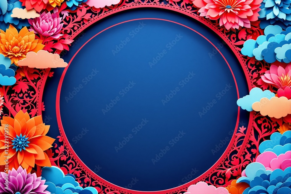 Poster colorful floral and cloud design with intricate patterns and a blank blue circular center for text o