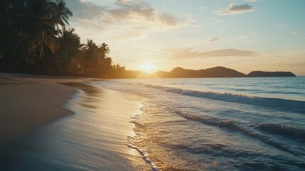 Fototapeta premium Tranquil closeup calm sea water waves with palm trees. Beautiful sunrise sunset sunlight. Tropical island beach landscape exotic shore coast. Summer vacation, holiday amazing nature. Relax paradise