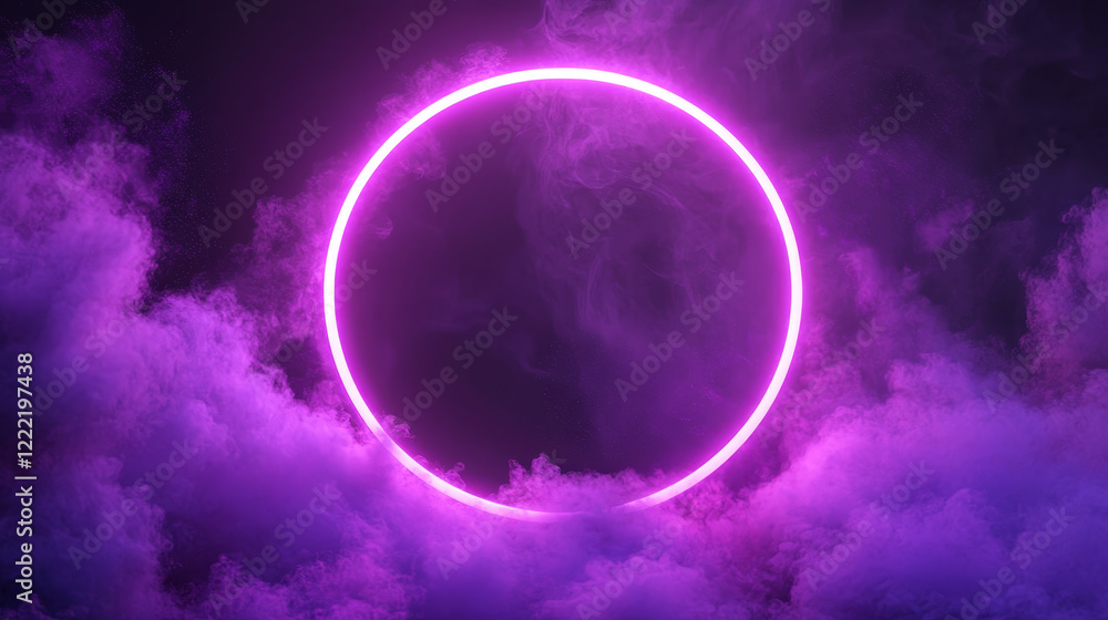 Poster purple circle in cloud of smoke on black background. vector realistic illustration of round frame sh