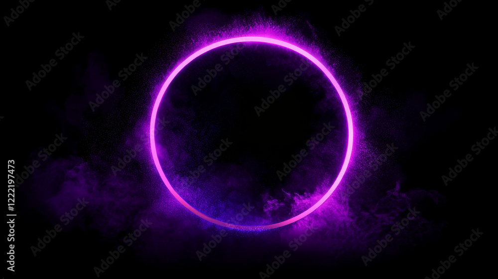 Poster purple circle in cloud of smoke on black background. vector realistic illustration of round frame sh