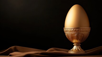 exclusive golden eggs concept. Golden egg on ornate stand with dark background and fabric draping.