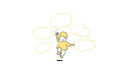 笑顔でジャンプする男の子とふきだしセットのイラスト