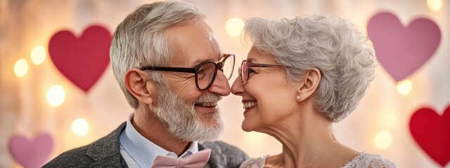 Joyful Senior Couple in Love Sharing Sweet Moment on Valentine's Day with Heart Decorations and Soft Lights