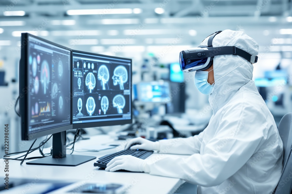 Poster Scientist in protective suit using VR headset and analyzing brain scans on computer screens in a lab environment.