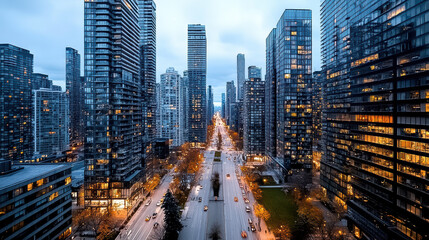 Fototapeta premium lifeless cityscape at twilight with hollow skyscrapers and empty streets