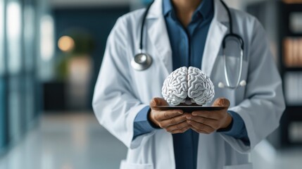 A medical professional holding a realistic brain model, symbolizing brain health, medical research, and the importance of neurocognition in healthcare.