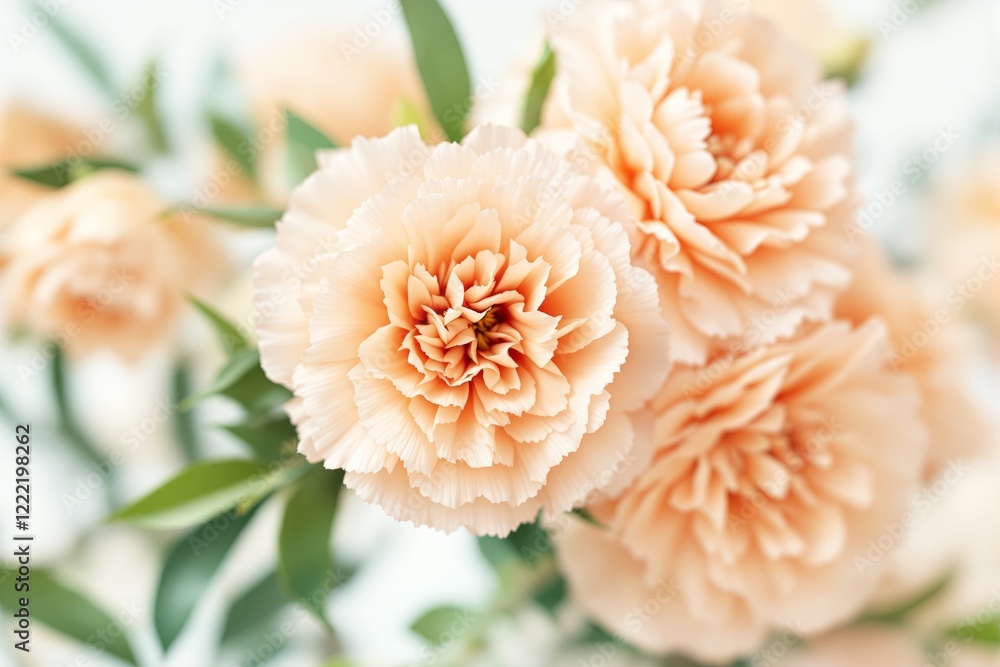 Poster close-up of blooming peach-colored carnations with green leaves on a soft blurred background.