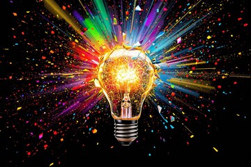 Vibrant explosion of colors around a glowing light bulb on a black background.