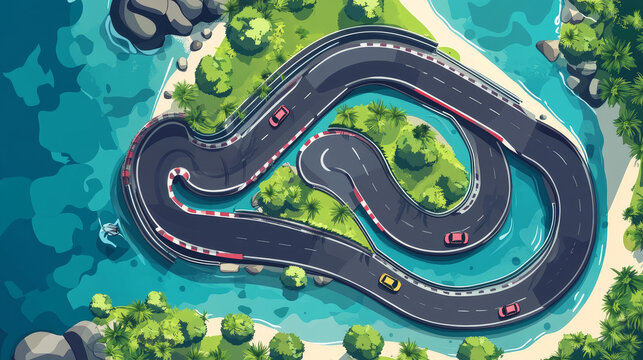 Speed race car track map for game background. Vector cartoon illustration of circuit road for auto rally competition top view. Loop racetrack on overpass above water