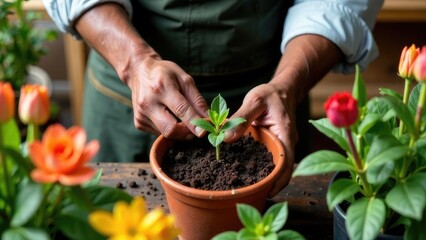 Man planting green plants and flowers, gardening concept.