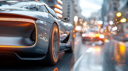 Obraz premium Futuristic autonomous vehicle racing through vibrant city lights urban environment dynamic content blurred motion perspective for enhanced visual impact
