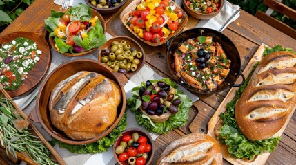 Fototapeta premium National Nutrition Month. A vibrant spread of Mediterranean dishes, including fresh bread, salads, olives, and seafood.