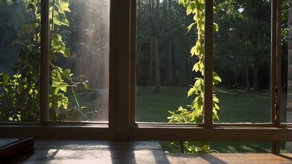 The atmosphere of a photo taken out by a window with light shining in.
