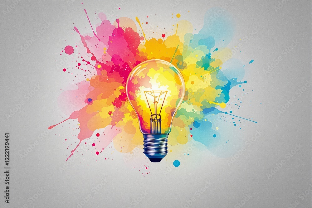 Poster vibrant lightbulb with colorful paint splashes on a grey background.