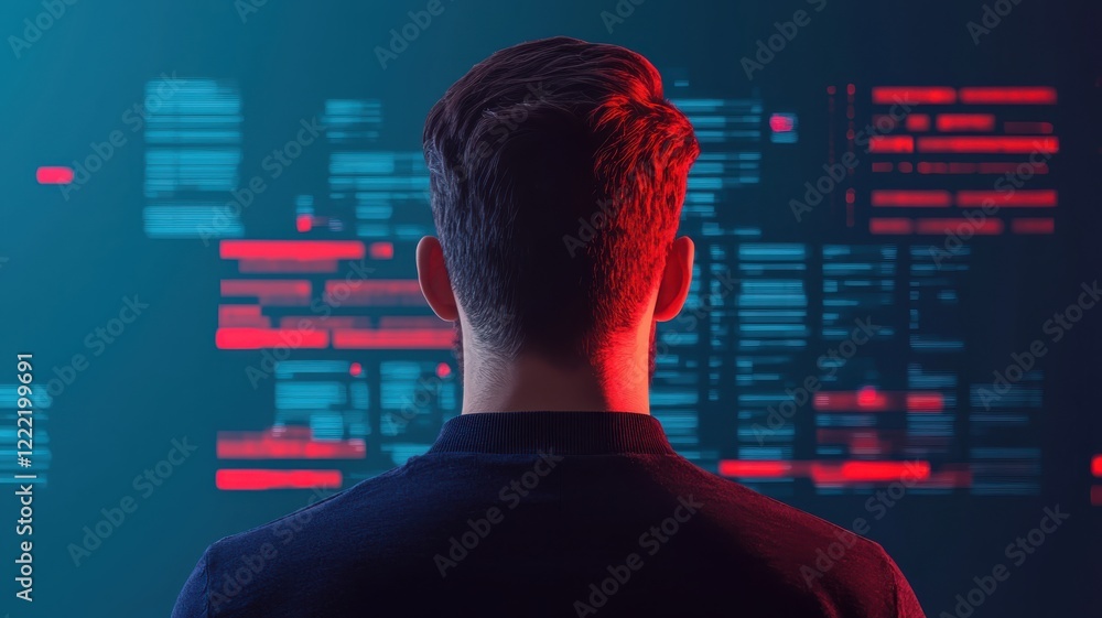 Poster data analysis event virtual space digital composition high-tech environment rear view cybersecurity 