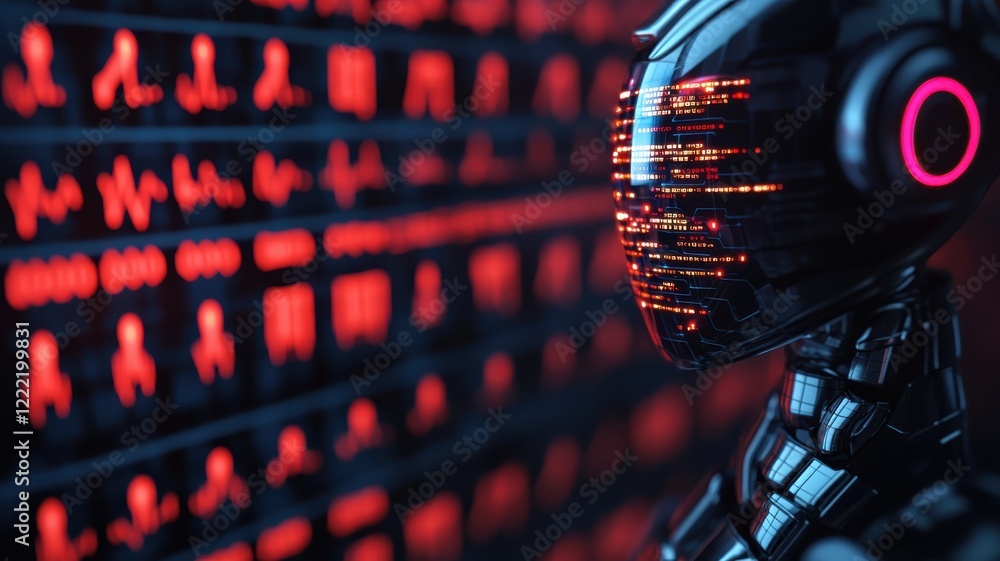 Poster futuristic technology robot monitoring data virtual environment digital art close-up view innovation