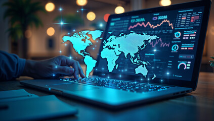 Image of a glowing world map projected onto a laptop screen, symbolizing global reach and technological advancement.