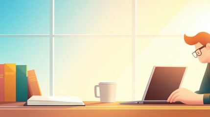 Cozy Workspace with a Person Working on Laptop by Bright Window in Modern Office Setting