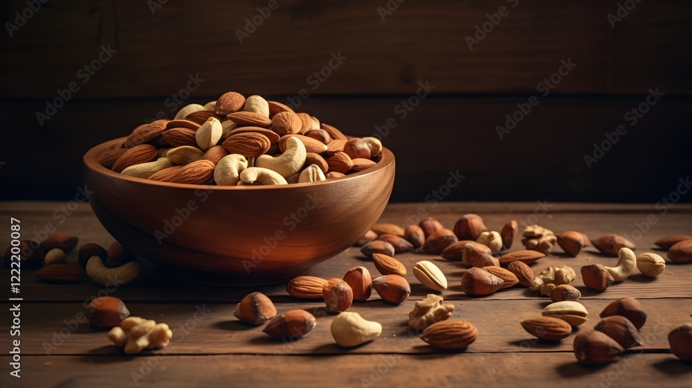 Poster a visually appealing arrangement of various types of mixed nuts including almonds cashews and walnut