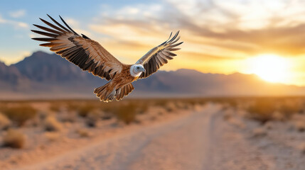 Naklejka premium Majestic vulture soaring over vast desert landscape at sunset