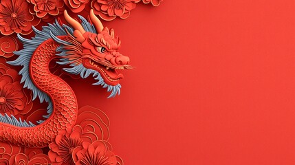 Red Chinese Dragon with Paper Flowers Lunar New Year Festive Design Asian Art