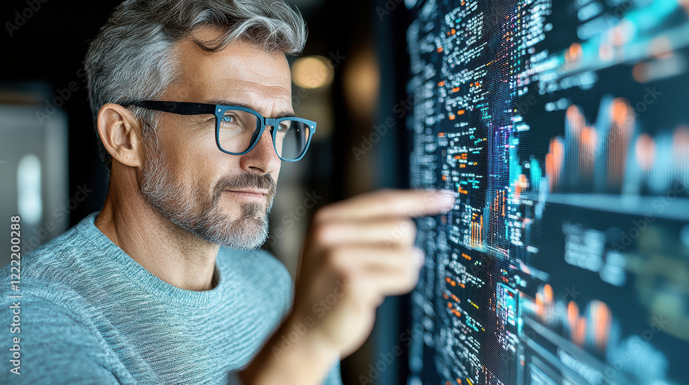 Poster man analyzing data trends on digital screen with focus and determination