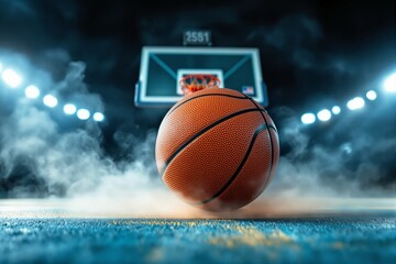 Obraz premium Basketball on a court with a hoop in the background and dramatic lighting.