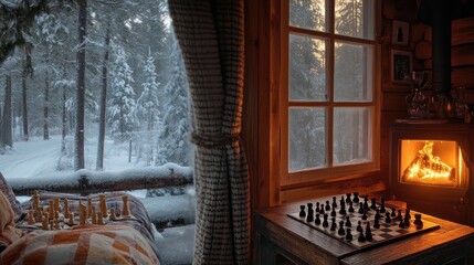 Cozy Winter Cabin Escape: Chess Game by the Fireplace with a Snowy Forest View