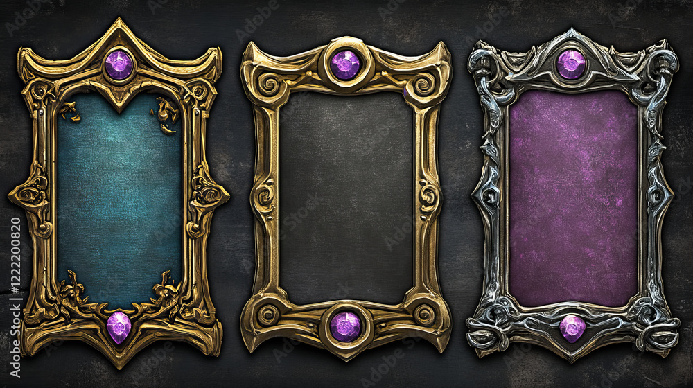 Poster fantasy gold and silver frames in medieval style for rpg game ui design. vector cartoon set of empty