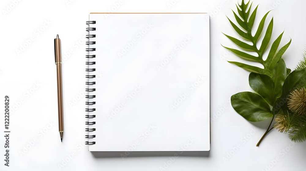 Poster a clean and stylish flat lay composition featuring a blank notebook a pen and an arrangement of esse
