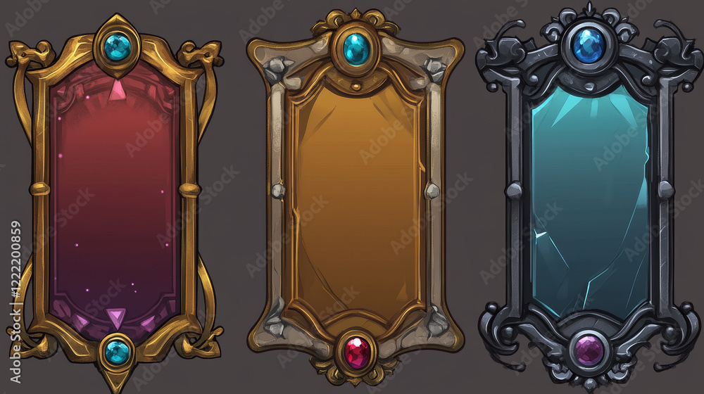 Poster Empty rectangle frames in medieval style for game ui design. Vector cartoon set of user interface elements with golden and silver ornate border, decorated with gems, isolated on background